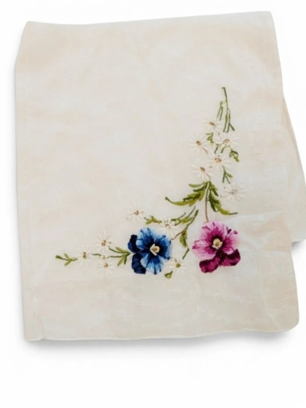 VINTAGE Hankerchief Embroidered Flowers Colorful 12x12 Cotton Pansies Violet